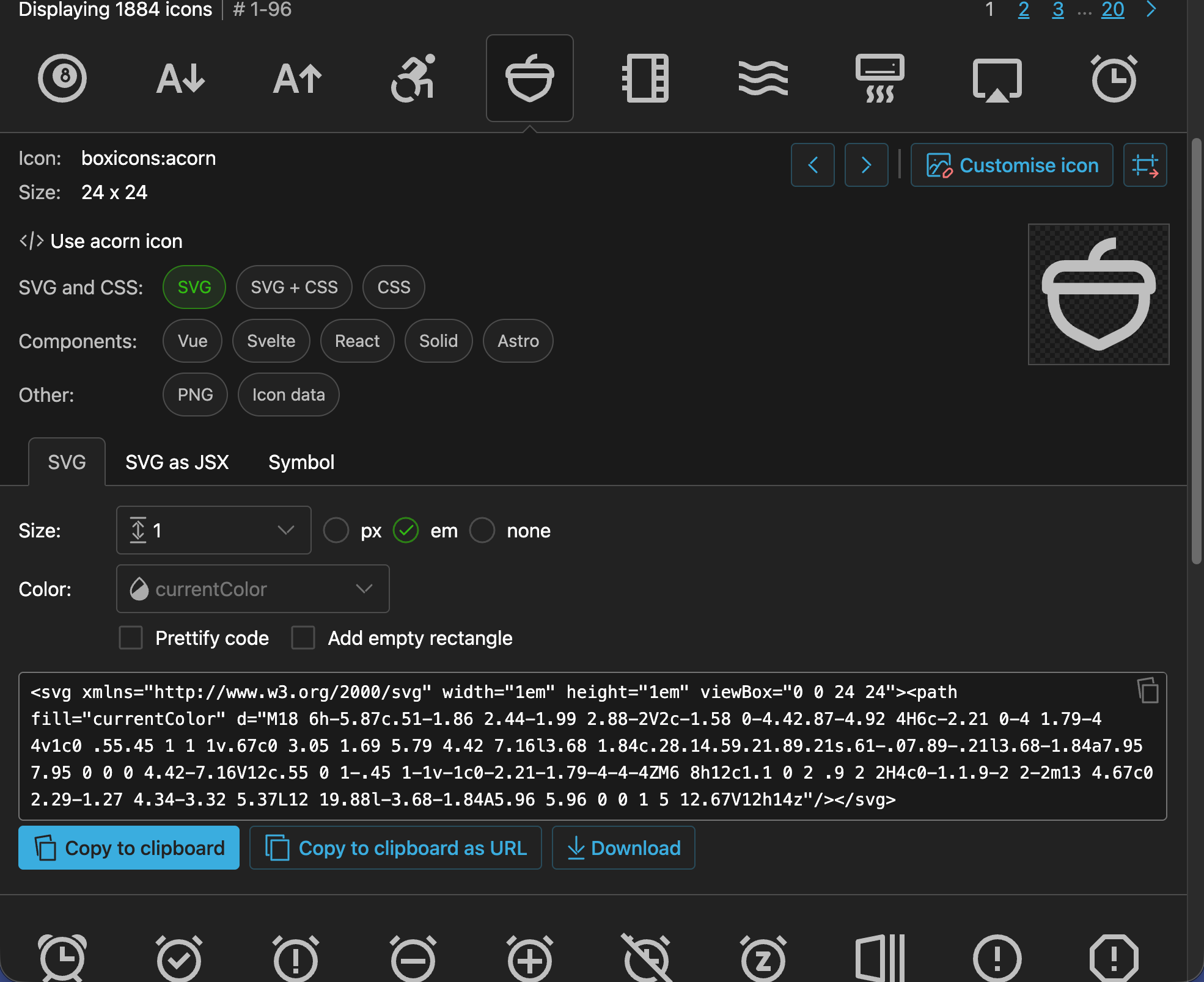Code samples in icons list with fixed pagination